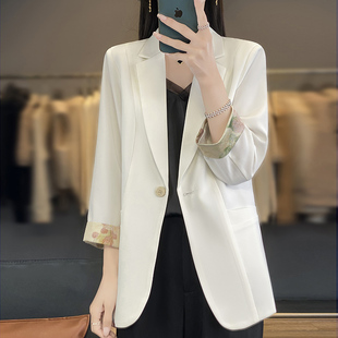 春夏款新中式国风醋酸缎面西装外套女七分袖拼色真丝外搭带兜上衣