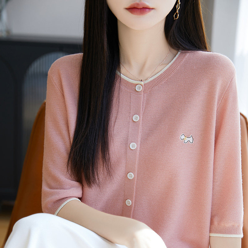 精纺羊毛针织短袖开衫女圆领T恤