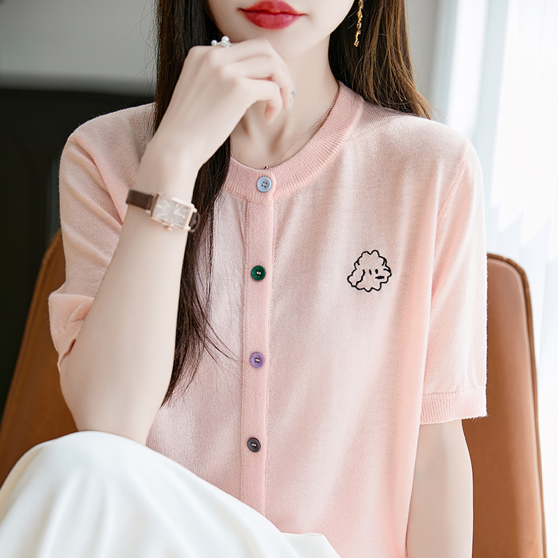 2025夏季圆领彩扣精纺羊毛针织短袖开衫女卡通刺绣半袖T恤衫上衣
