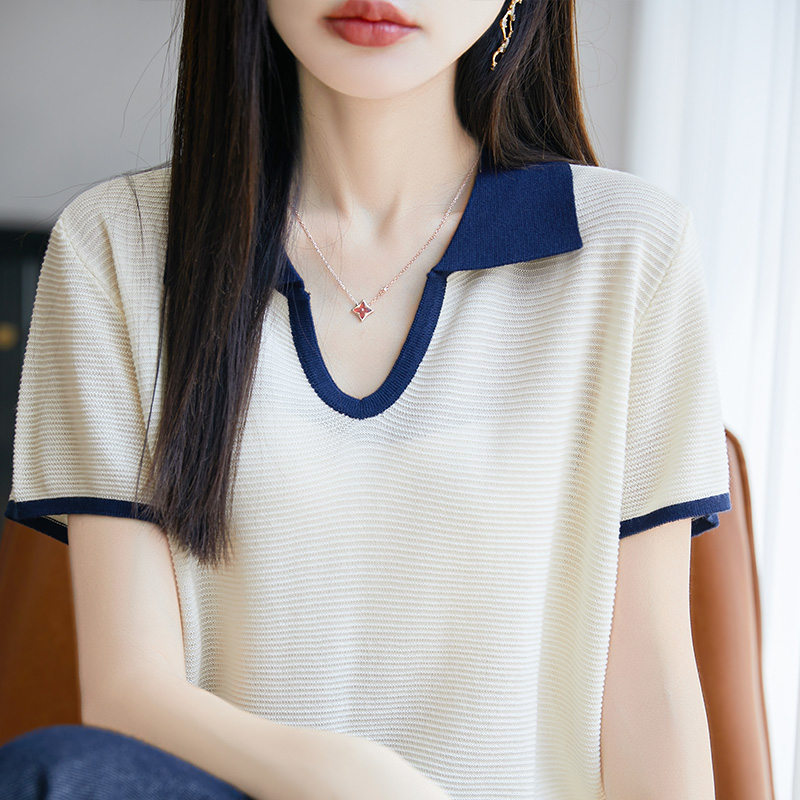 100莱赛尔天丝针织短袖T恤女POLO领拼色提花薄款上衣宽松半袖打底