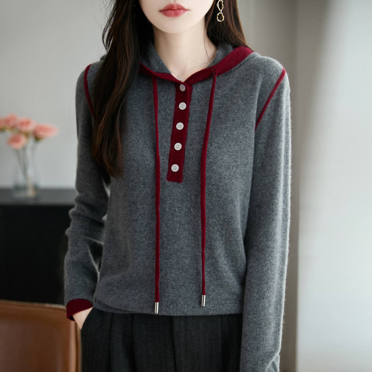 25秋冬拼色连帽100%纯羊毛衫上衣