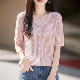 夏季新款莱赛尔天丝针织短袖开衫女V领花纱亮片T恤宽松半袖打底衫