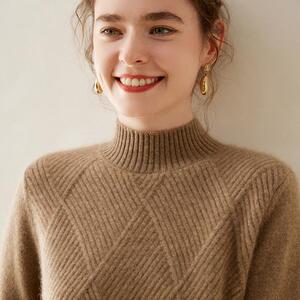 重磅双股加厚100%纯山羊绒衫女半高领席编提花针织毛衣宽松打底衫