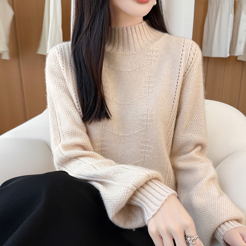半高领加厚100%纯羊毛衫女灯笼袖针织提花长袖羊绒衫宽松打底毛衣