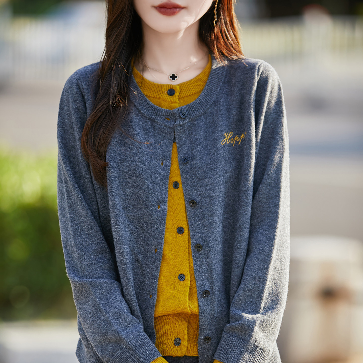 拼色假两件100%纯羊毛开衫女外套