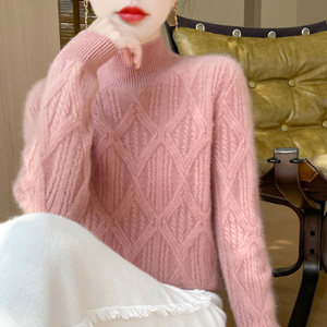 半高领菱形扭花100%纯羊绒衫女加厚针织毛衣宽松慵懒羊毛打底上衣