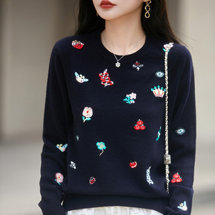 重工刺绣100%纯羊毛衫女圆领拼色针织甜美绣花毛衣宽松打底羊绒衫