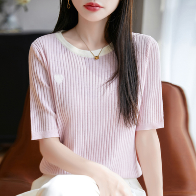 精纺超细羊毛针织短袖T恤打底衫