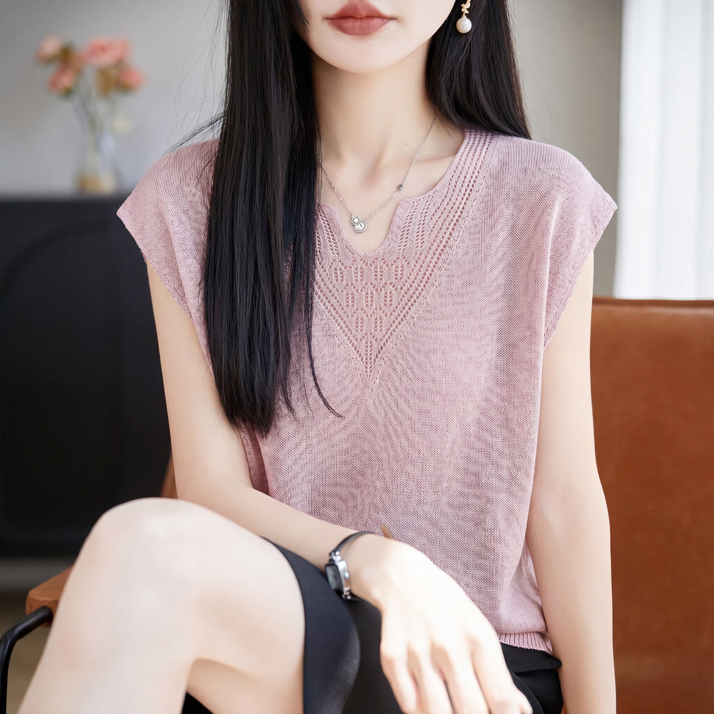 夏季V领竹节麻镂空钩花短袖T恤衫