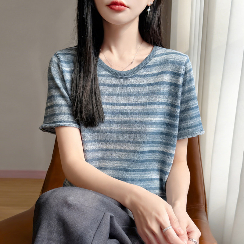 天丝苎麻拼色条纹女宽松短袖背心