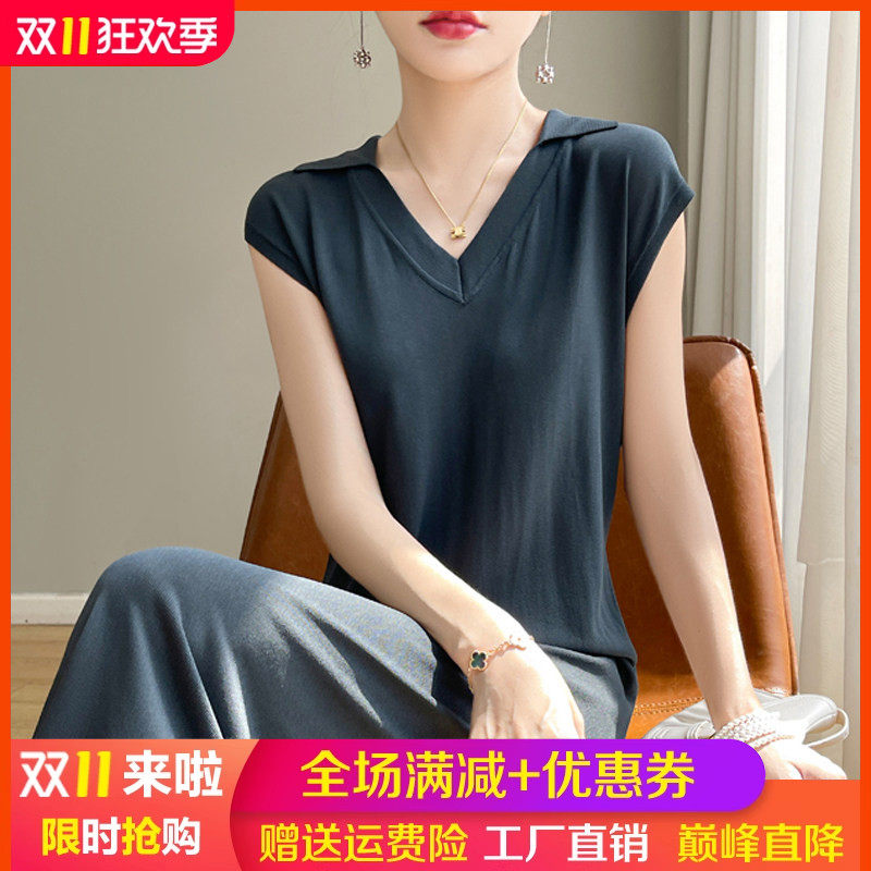 夏季薄款POLO领冰丝针织连衣裙女V领短袖长裙宽松显瘦中长款A字裙