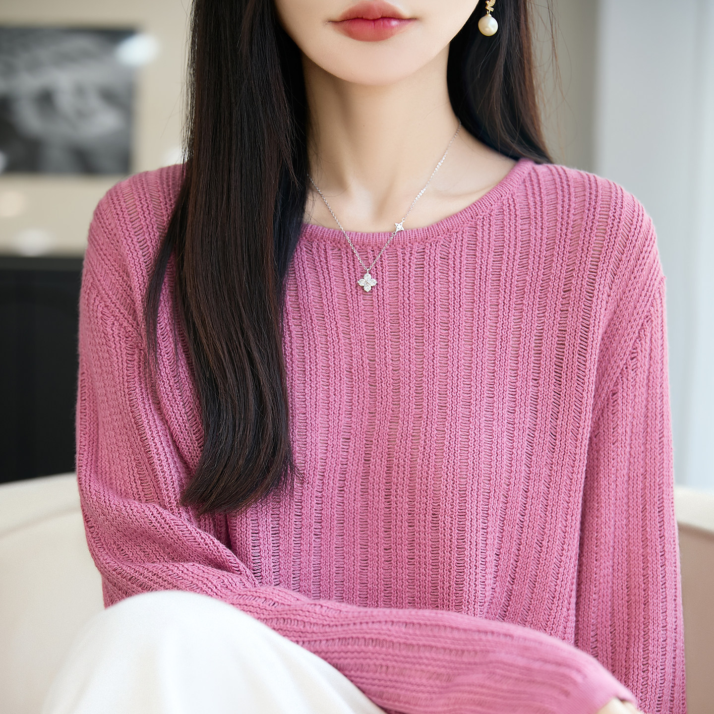 设计感圆领褶皱精纺羊毛衫女条纹拼色针织长袖毛衣宽松慵懒打底衫