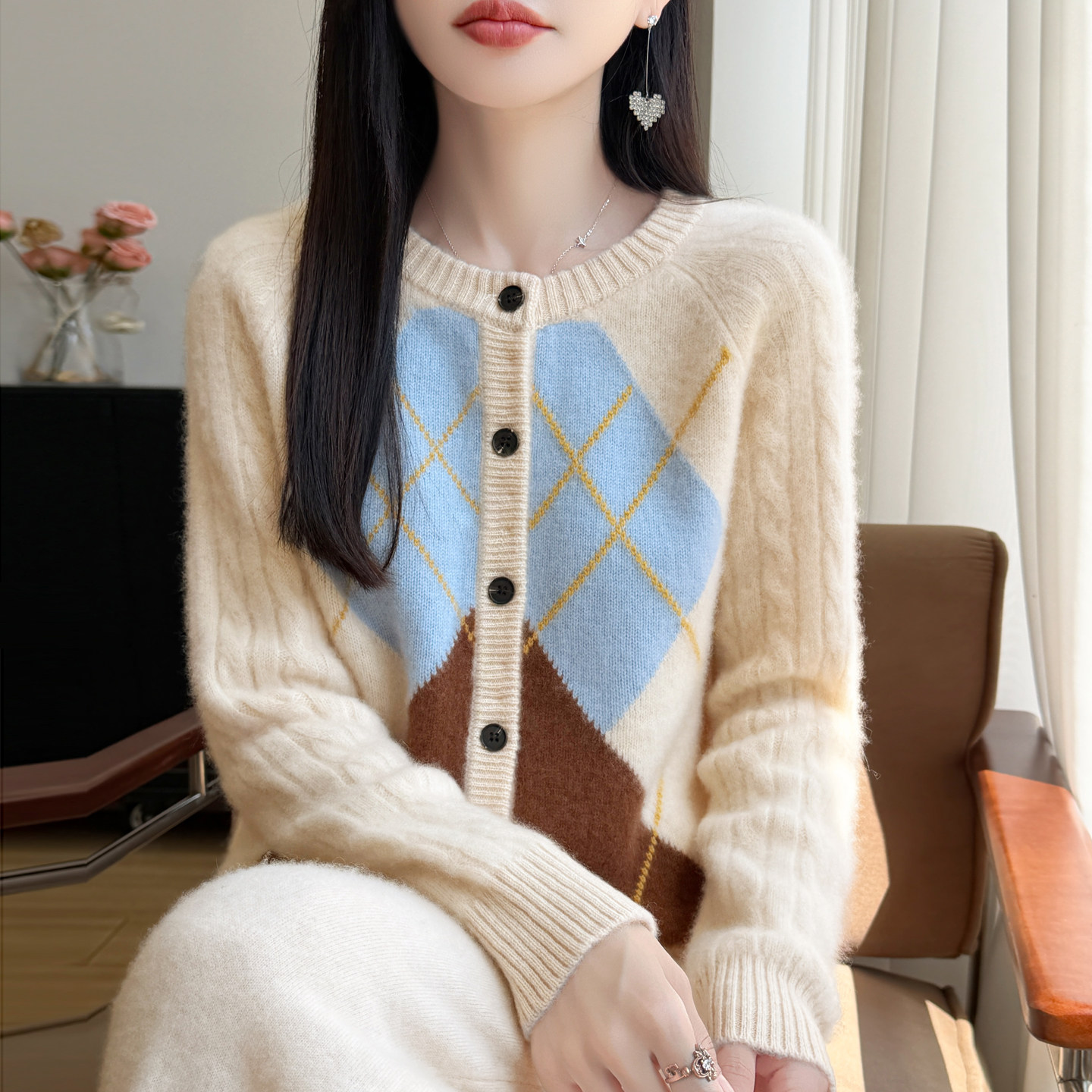 秋冬100%纯羊毛开衫女圆领菱形拼色针织毛衣宽松加厚羊绒麻花外套