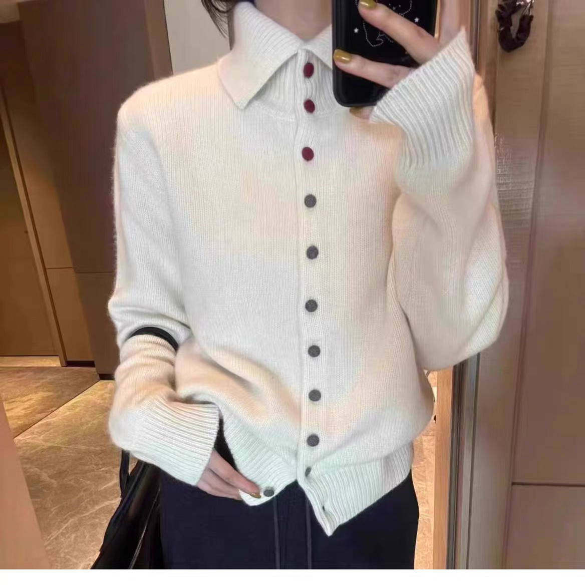 法式宽松慵懒风100%纯羊毛开衫女高领纽扣针织毛衣加厚羊绒衫外套