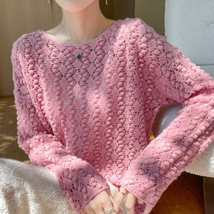 重工镂空立体钩花100%纯羊绒衫长袖女圆领羊毛衫宽松绣花针织毛衣
