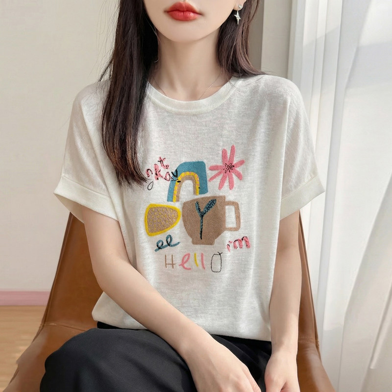 夏季新款竹节麻针织短袖T恤女圆领拼色字母印花上衣宽松半袖打底