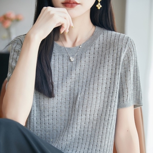 重工镶钻竹节麻针织短袖T恤女圆领镂空提花半袖背心宽松百搭打底