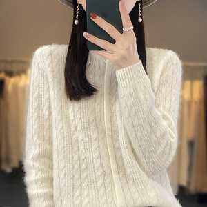 圆领100%纯羊绒开衫女23春秋新款麻花针织外套毛衣宽松羊毛衫上衣