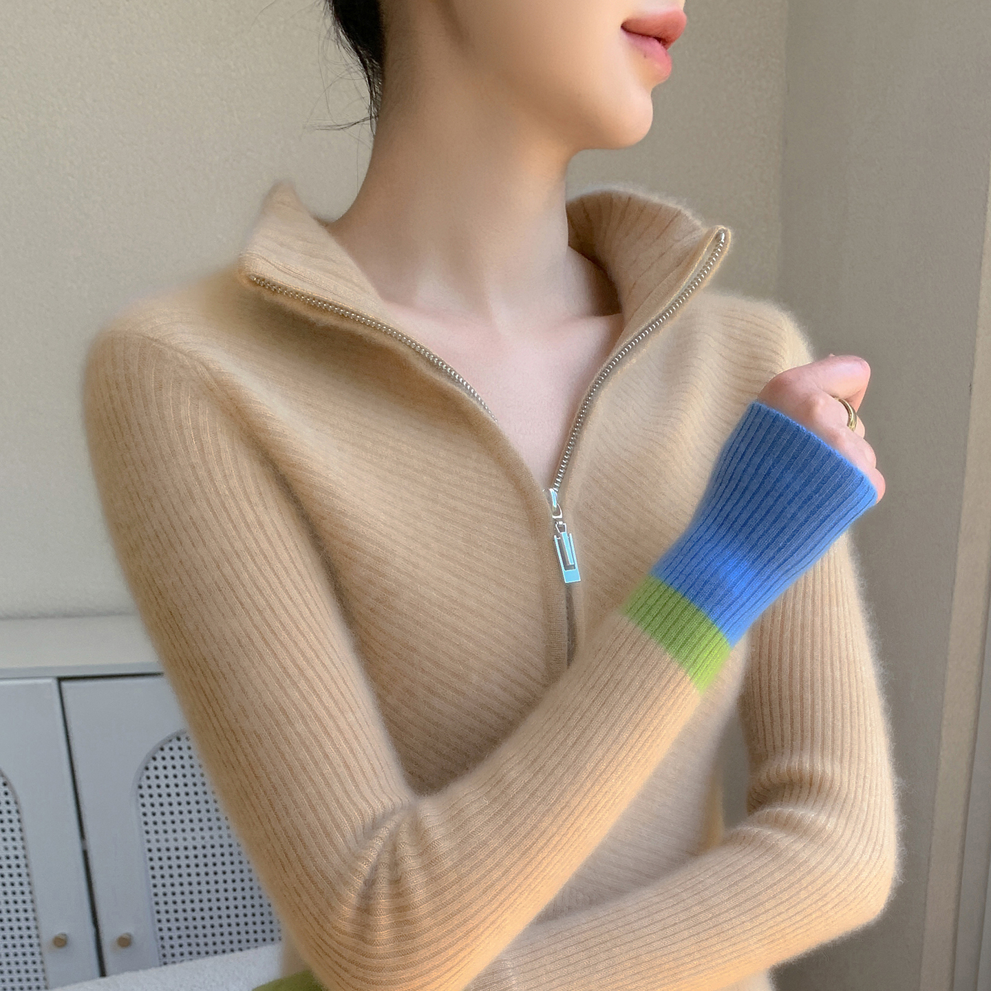 baby小山羊绒衫半高拉链坑条毛衣