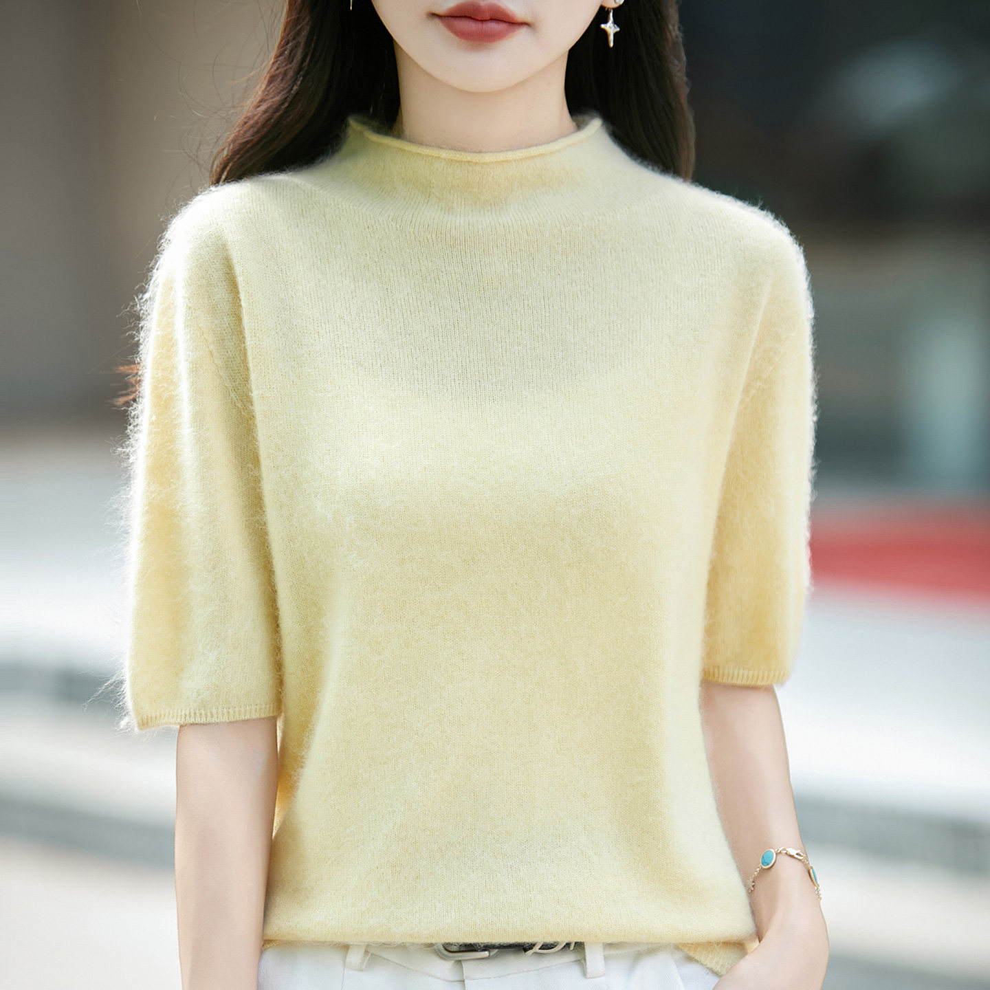 100%纯羊毛衫圆领短袖女打底毛衣