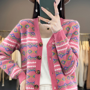 2023秋冬新款V领100%纯羊绒开衫女羊毛针织外套宽松长袖外搭毛衣