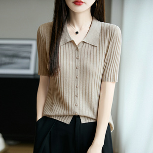 春夏翻领莱赛尔天丝针织短袖开衫女坑条五分袖上衣宽松半袖T恤衫