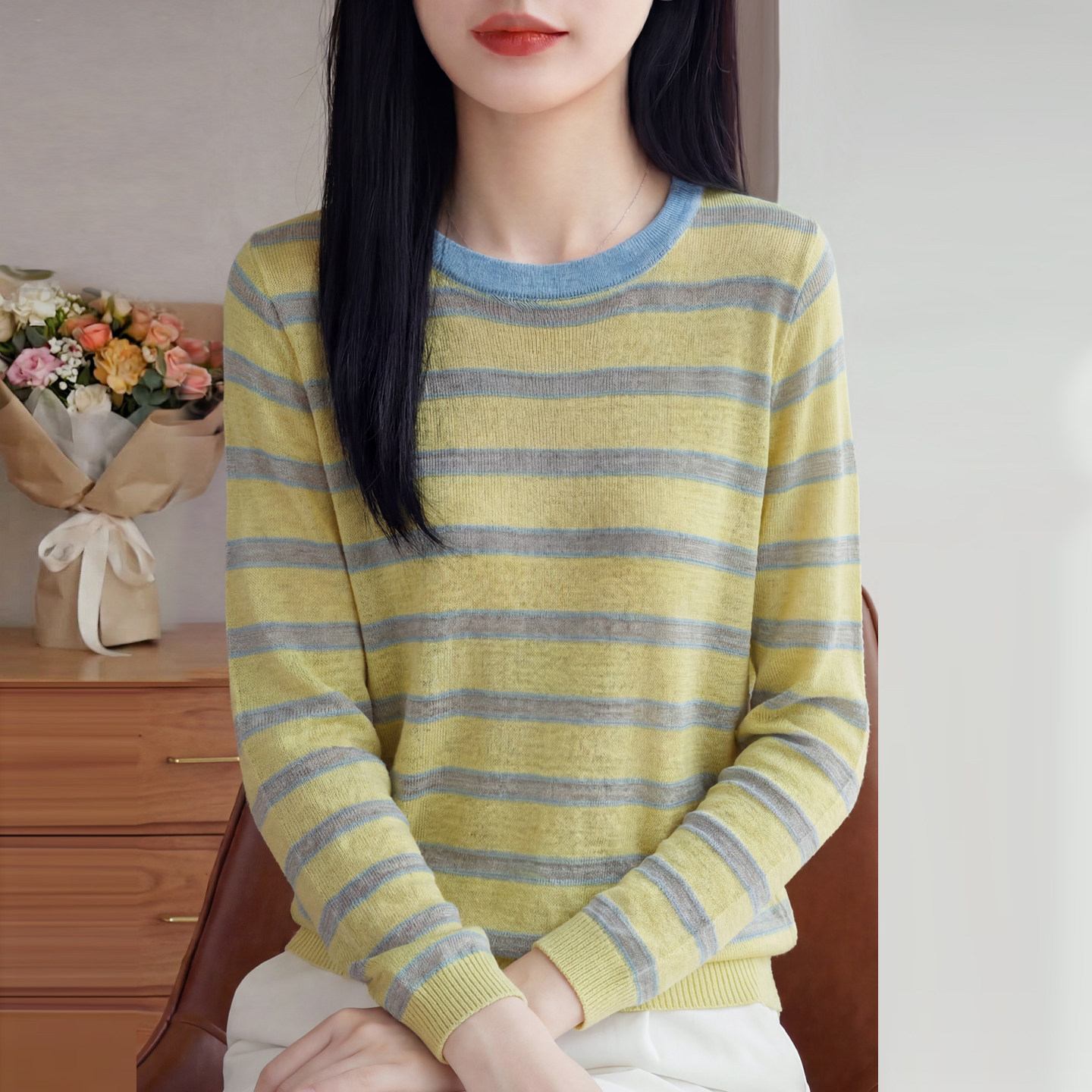 2026春夏薄款圆领条纹拼色针织长袖毛衣女竹节麻上衣宽松打底T恤