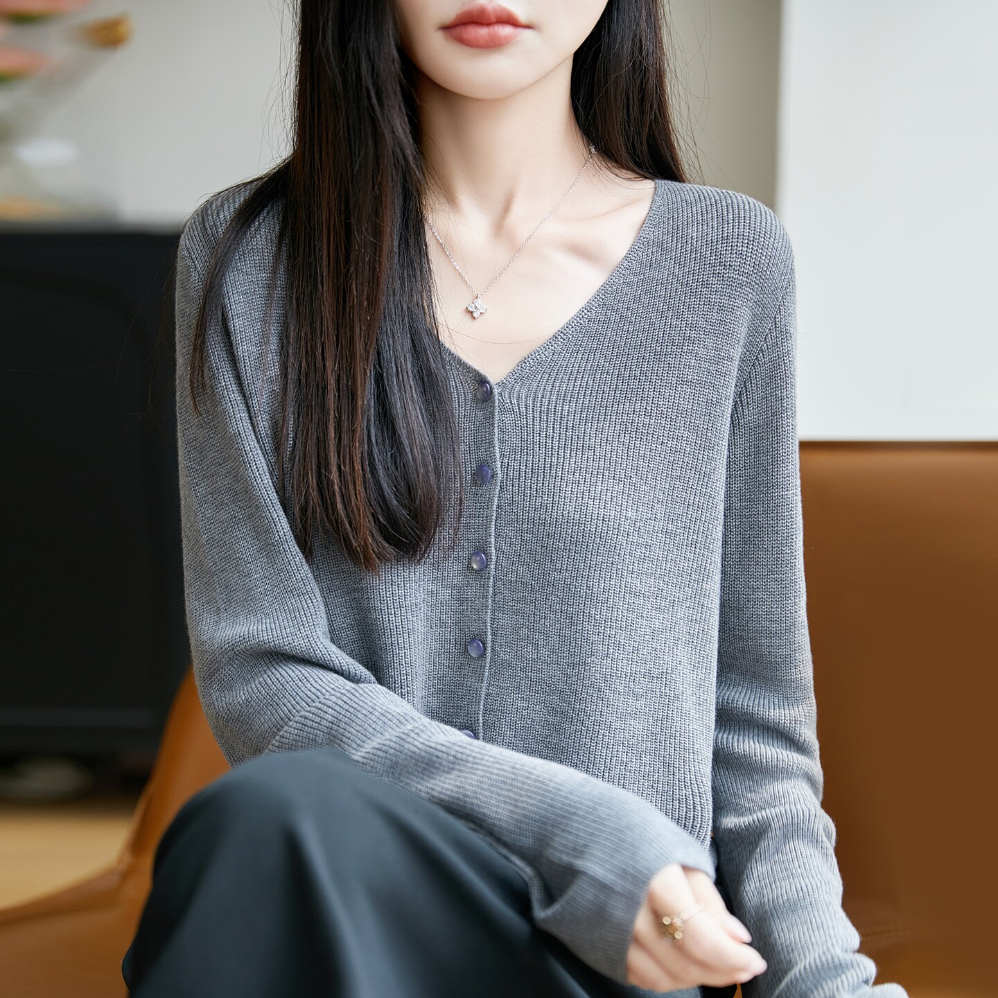 法式精纺羊毛秋冬女宽松开衫外套