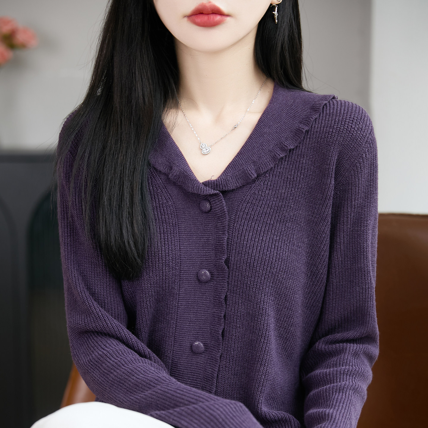 法式温柔风木耳边V领精纺羊毛衫针织开衫女紫色毛衣外套显瘦上衣