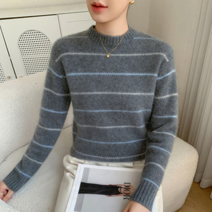 重磅加厚山羊绒衫针织毛衣女圆领条纹拼色打底上衣宽松长袖羊毛衫