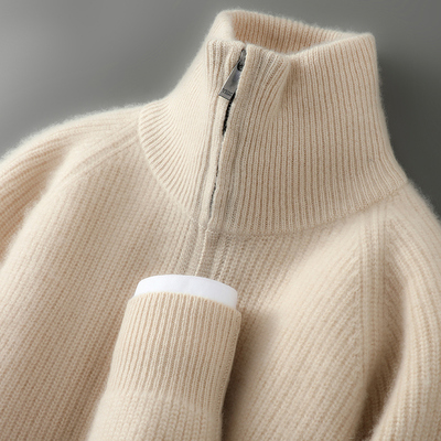 高领加厚100%纯羊毛开衫男士拉链提花针织毛衣宽松羊绒衫外套上衣