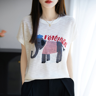 圆领100%竹节棉针织短袖 上衣打底百搭 T恤女夏季 拼色印花宽松半袖