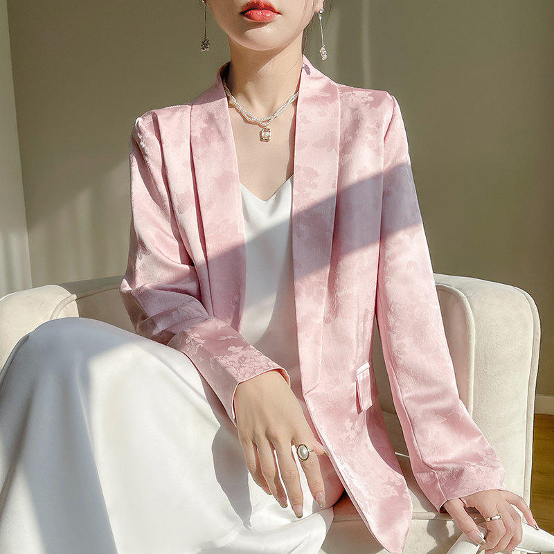 24春秋醋酸缎面西装领开衫女复古新中式提花真丝长袖外搭宽松上衣
