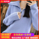 半开拉链高翻领100%羊毛衫 女秋冬加厚针织毛衣拼色羊绒衫 宽松上衣