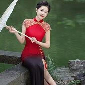 大码 渐变鱼尾旗袍裙中式 形体演出服 中国风年轻款 走秀旗袍2024新款