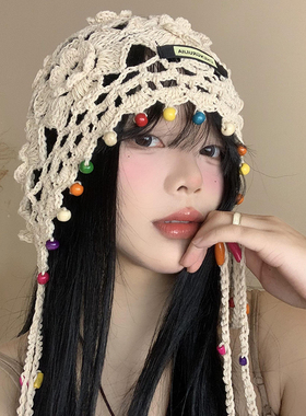 夏季波西米亚花朵流苏编织包头帽