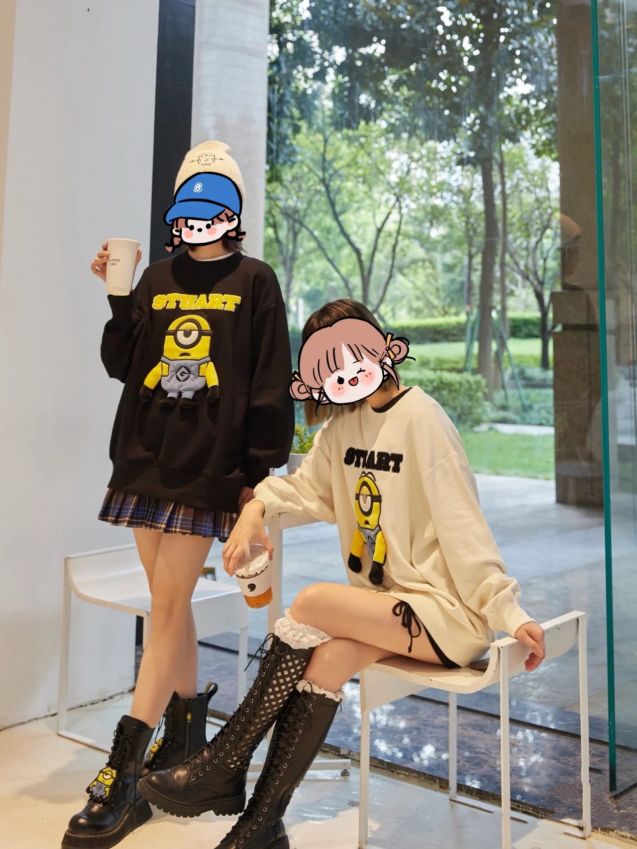 品牌撤柜春秋时尚百搭小黄人卡通趣味可爱圆领套头毛圈卫衣情侣款