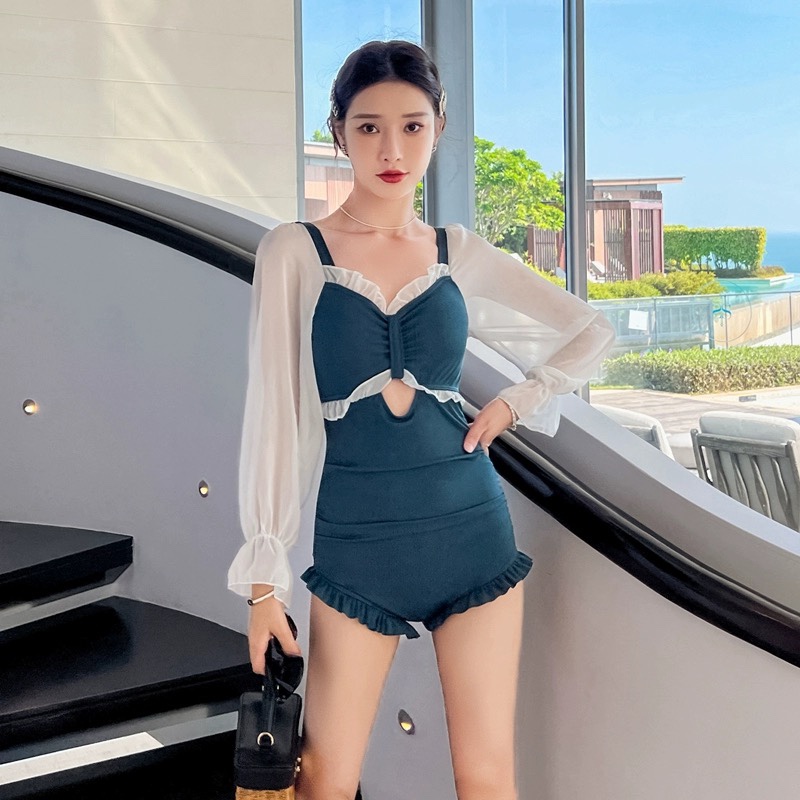 泳衣女长袖连体性仙女范温泉韩国ins风学生小胸聚拢泡温泉游泳装