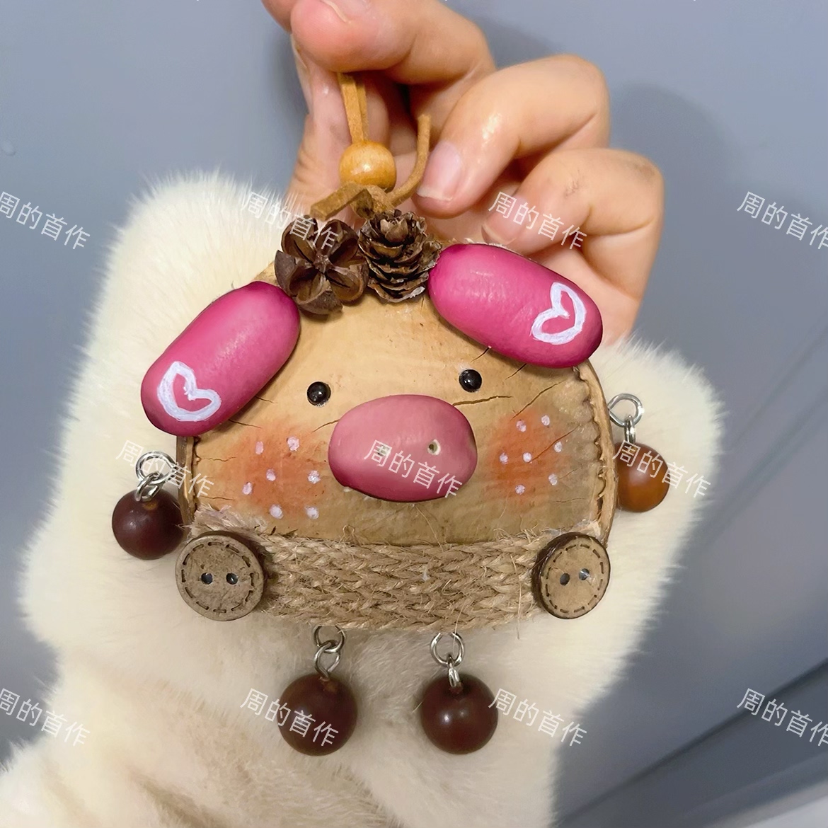 成品小猪云南果壳风铃手作豆荚榼藤娃娃diy西双版纳挂件成品果壳