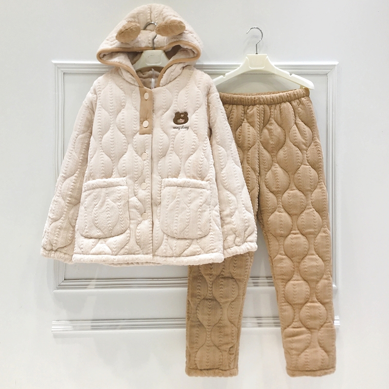 安之伴连帽睡衣女冬季三层夹棉