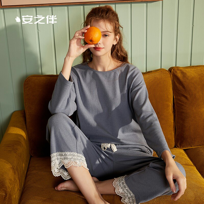 安之伴春秋季睡衣女薄款长袖甜美蕾丝休闲圆领宽松韩版家居服套装