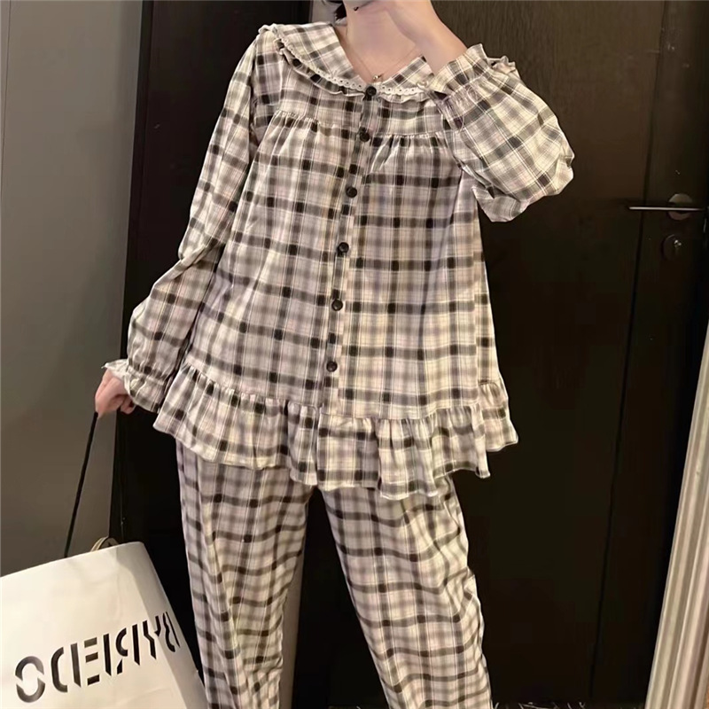 美之梦春秋睡衣女款夏季梭织纯棉布薄款长袖休闲格子娃娃领家居服