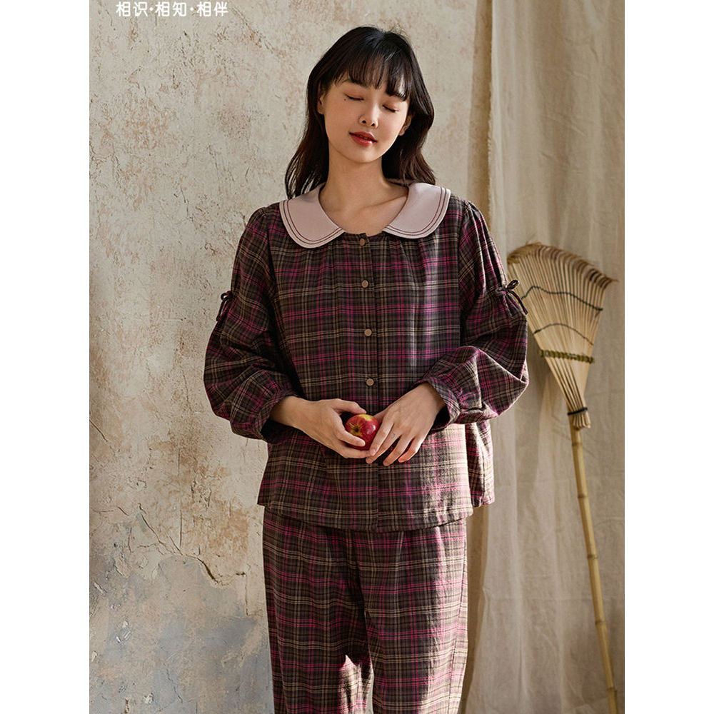 安之伴梭织磨毛全棉睡衣女开衫长袖甜美复古格子家居服春秋套装