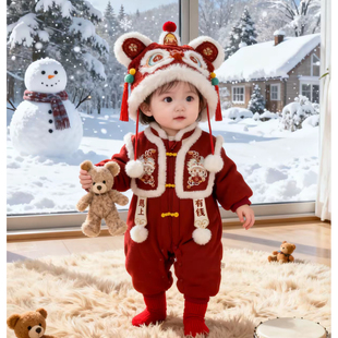 ‘马上有钱’冬装上新宝宝红色连体衣加厚满月百天周岁喜庆拜年服