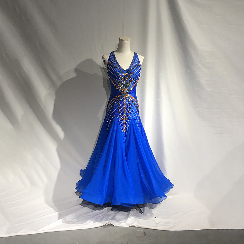 定制英国雪纺无袖摩登舞演出服国标舞服华尔兹比赛裙含一副蝴蝶飘