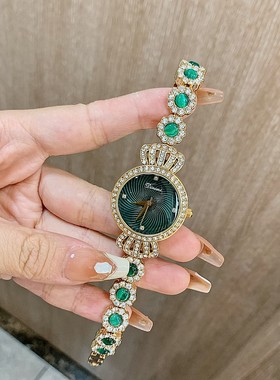 蒂米妮绿色表盘满钻韩版满天星镶钻手链女士手表气质时尚女表轻奢