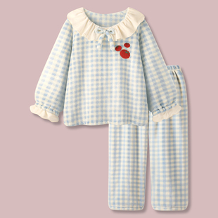 〖番茄少女〗法兰绒睡衣女款 加厚高级感甜美花边格子家居服 冬季