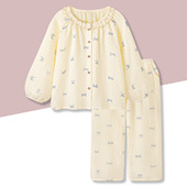 泡泡棉纱家居服套装 春秋季 超柔2.0 高级感纯棉睡衣带胸垫女款