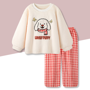 可外穿可爱卡通小狗格子少女家居服套装 〖旺〗珊瑚绒睡衣女款 冬季