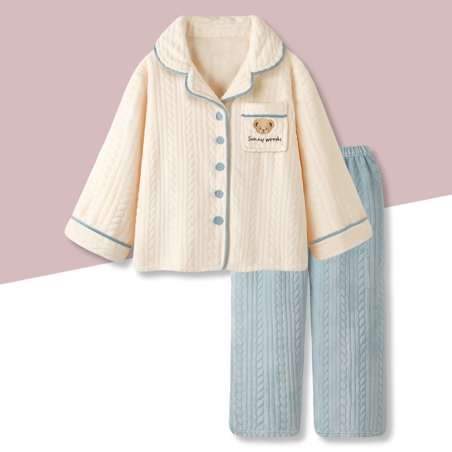 『奶蓝小熊』加绒加厚睡衣女款冬季保暖法兰绒长袖长裤家居服套装
